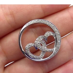 Womans 925 Sterling Silver Real White Diamond Double Heart Open Round Pendant
